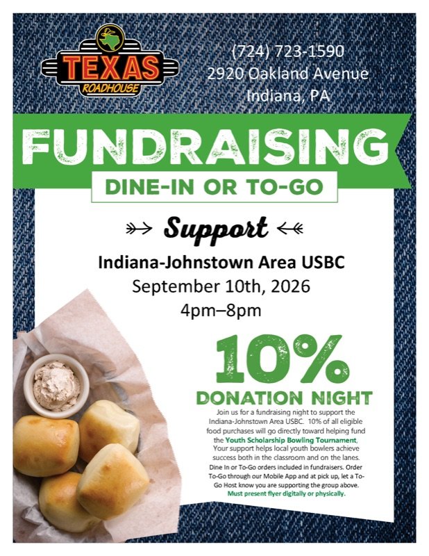 Texas Roadhouse fundraising flyer: dine-in or to-go donation night supporting the Indiana-Johnstown Area USBC, September 10, 2026, 4pm to 8pm, at 2920 Oakland Avenue, Indiana, PA. Ten percent of eligible food purchases are donated. Flyer must be presented digitally or physically.